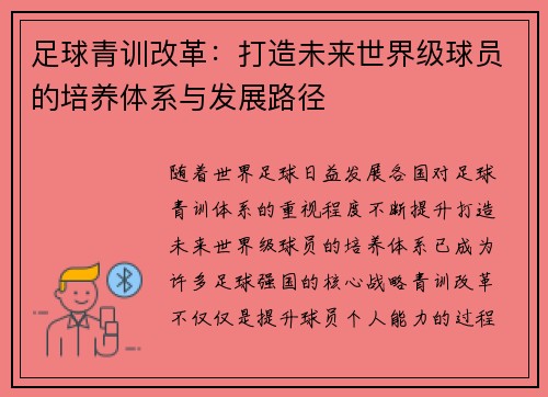 足球青训改革：打造未来世界级球员的培养体系与发展路径
