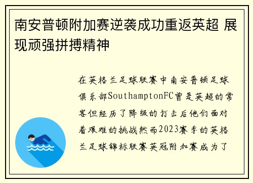 南安普顿附加赛逆袭成功重返英超 展现顽强拼搏精神 南安普顿附加赛逆袭成功重返英超 展现顽强拼搏精神